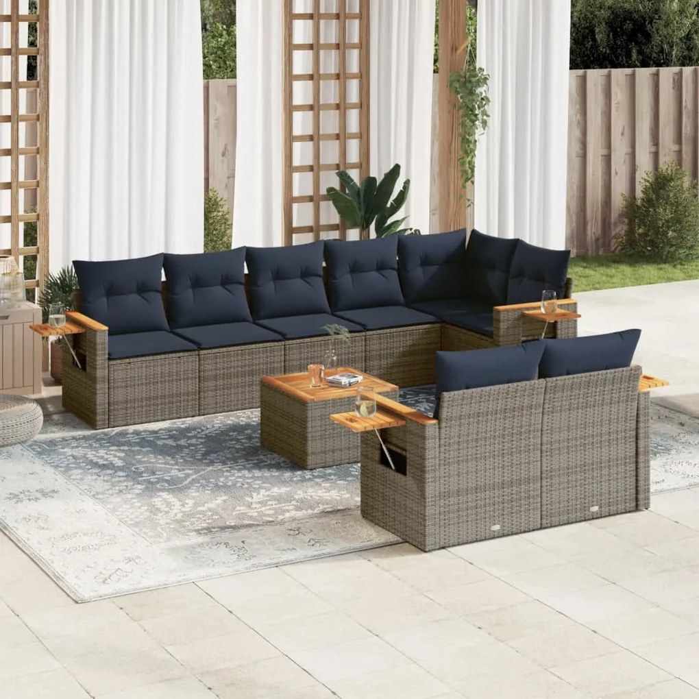 9 pcs conjunto sofás p/ jardim c/ almofadões vime PE cinzento