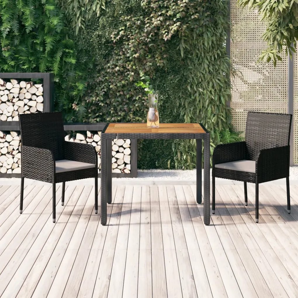 vidaXL 3 pcs conjunto de jantar p/ jardim c/ almofadões vime PE preto