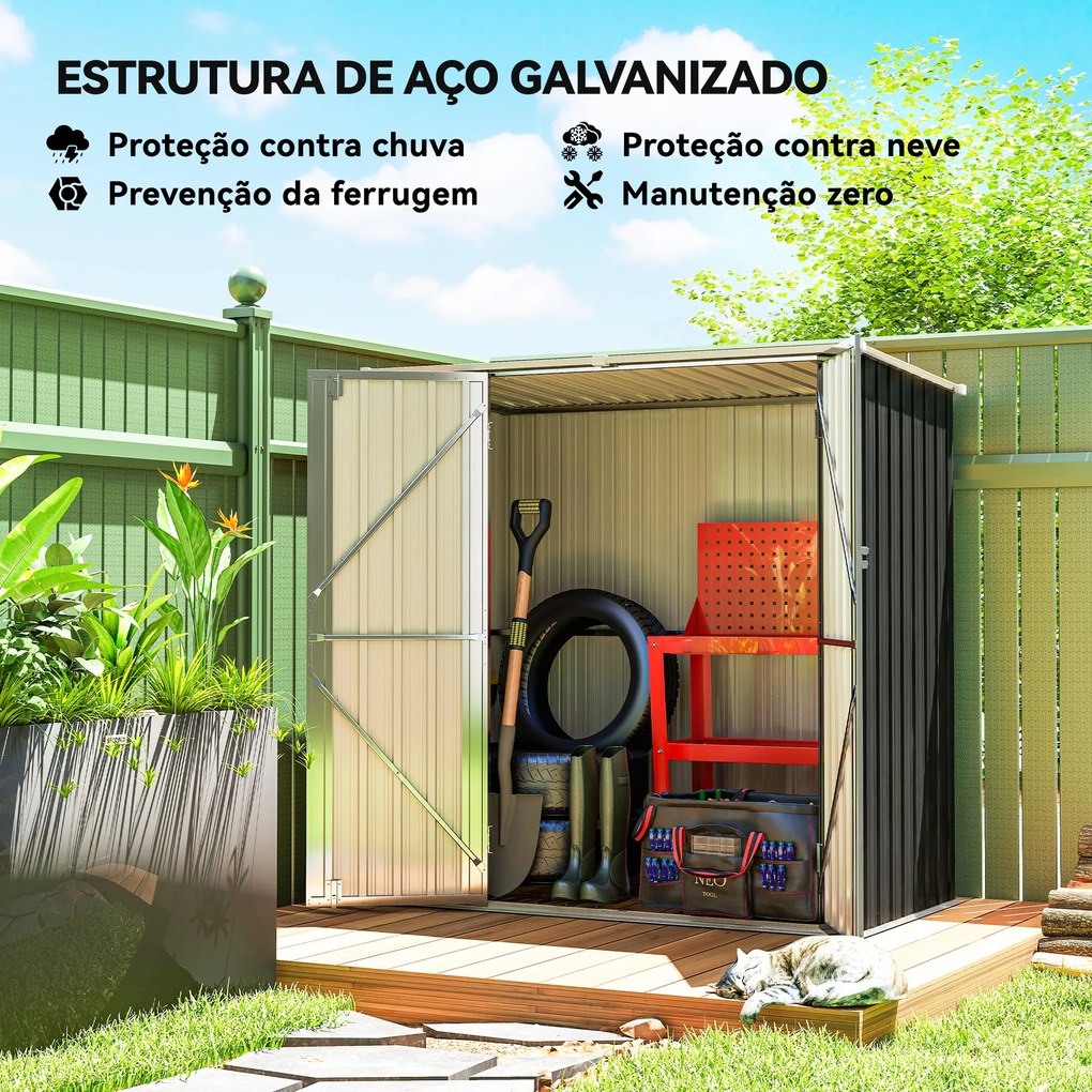 Abrigo de Jardim Exterior Metálico 1,37 m² 163x89x163 cm com Telhado Inclinado, Portas com Fecho e Luvas Cinzento