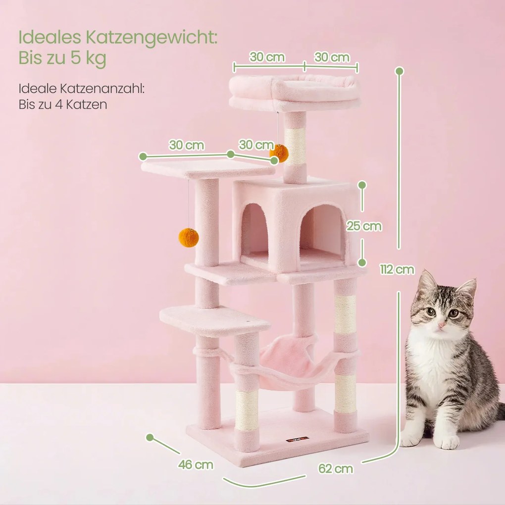 Arranhador para gatos com vários andares, com caverna, rede e 4 troncos para arranhar 45 x 35 x 112 cm rosa