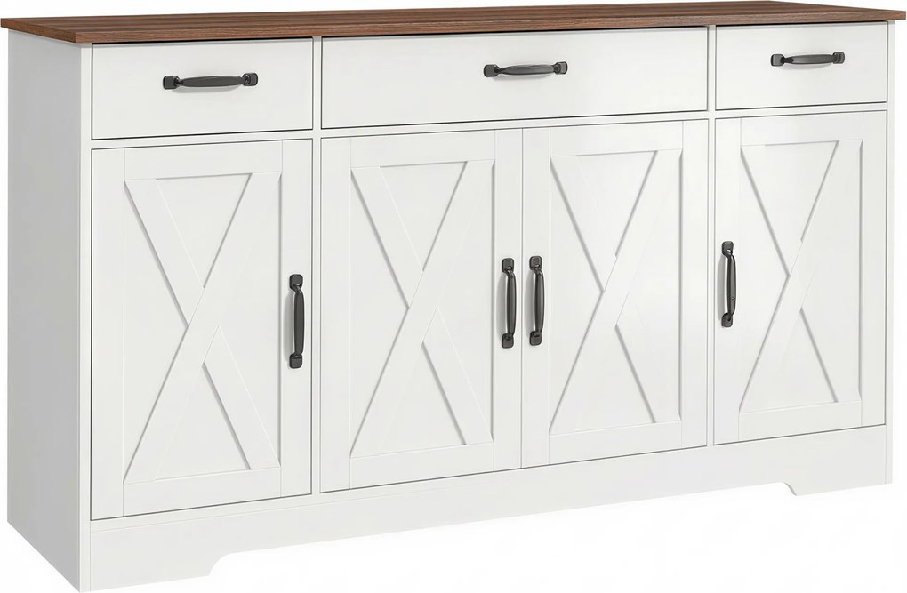 HOMCOM Buffet, móvel de armazenamento para cozinha estilo farmhouse com 4 portas de celeiro, 3 gavetas, prateleiras ajustáveis, branco | Aosom Portugal