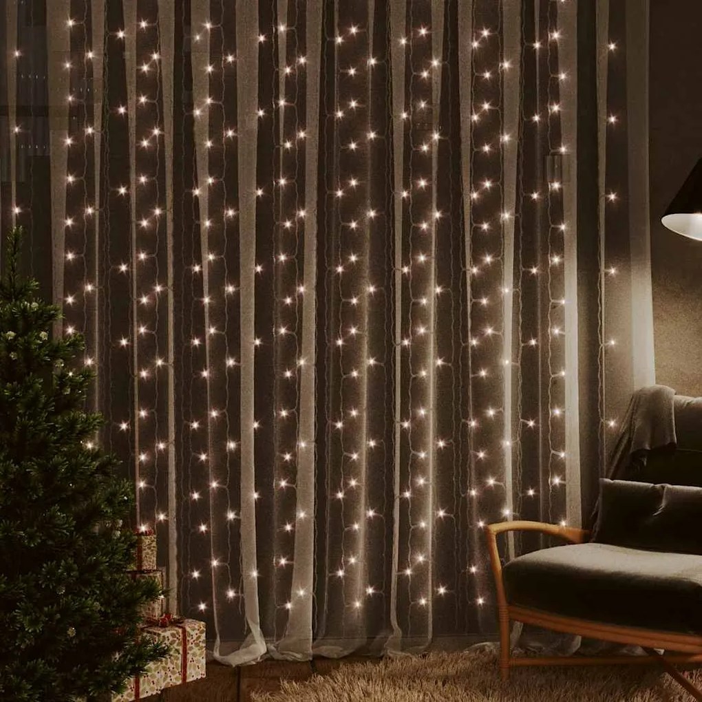 vidaXL Cortina iluminação 300 luzes LED 3x3 m 8 funções branco quente