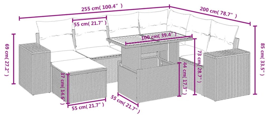 8 pcs conjunto de sofás p/ jardim com almofadões vime PE bege