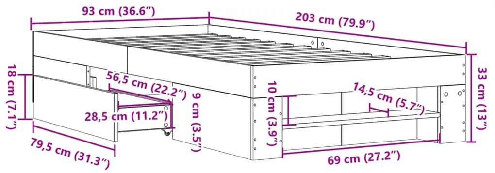 Estrutura de cama 90x200 cm derivados de madeira branco