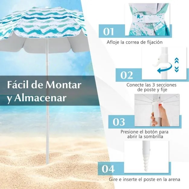 Conjunto de guarda-sol de praia com 2 cadeiras dobráveis e manta de piquenique para exterior com mecanismo de inclinação Azul