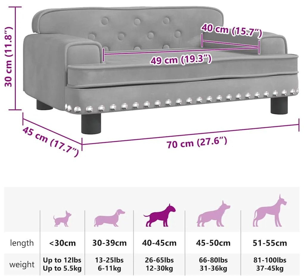Cama para cães 70x45x30 cm veludo cinzento-claro