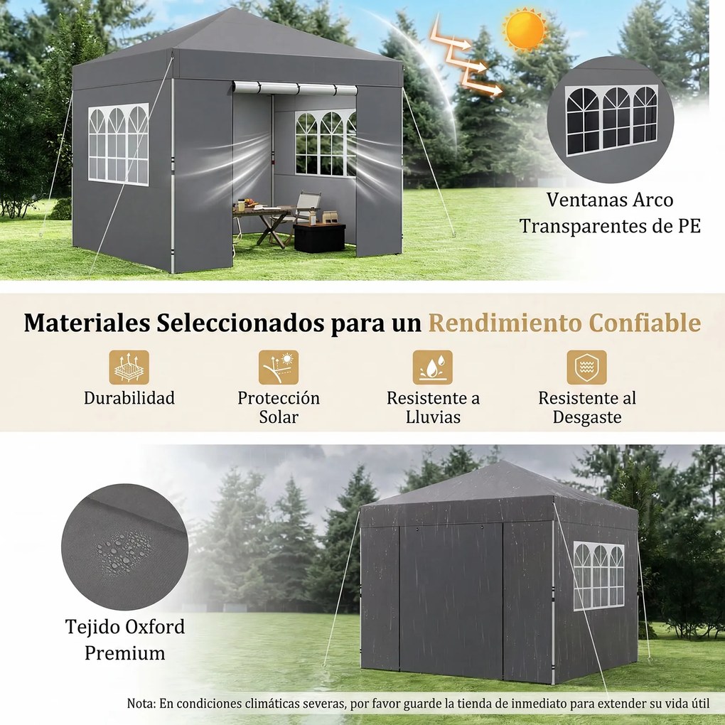 Tenda Dobrável para Exterior, 300 x 300 x 284 cm, Paredes Laterais Removíveis, Cinzento