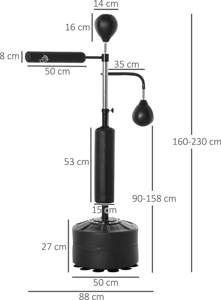 Punching Ball de Boxe com Altura Ajustável com 2 Bolas de Velocidade Barra Giratória 360° e Base Preenchida 88x50x160-230cm Preto