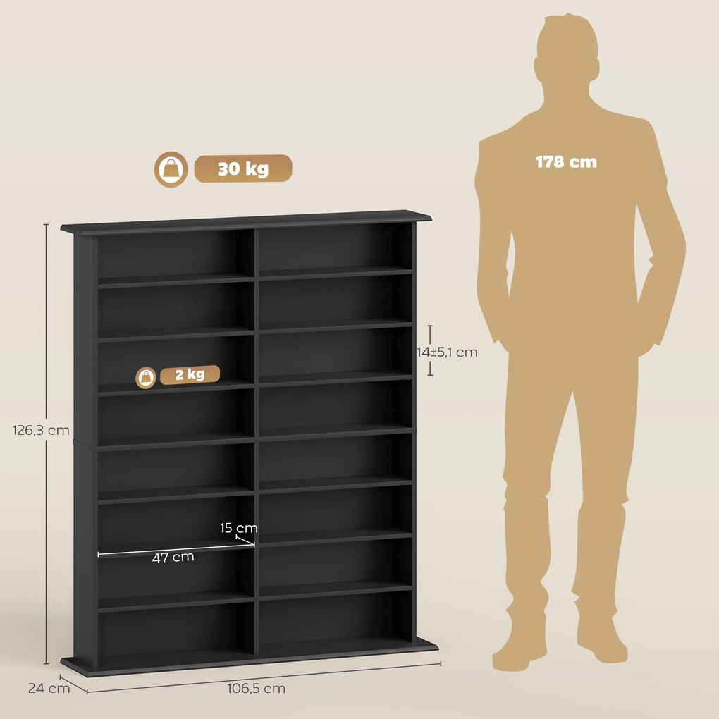 Organizador para CD e DVD com 16 compartimentos e 12 prateleiras ajustáveis, capacidade máxima de 720 CD/396 DVD e Blu-ray, preto