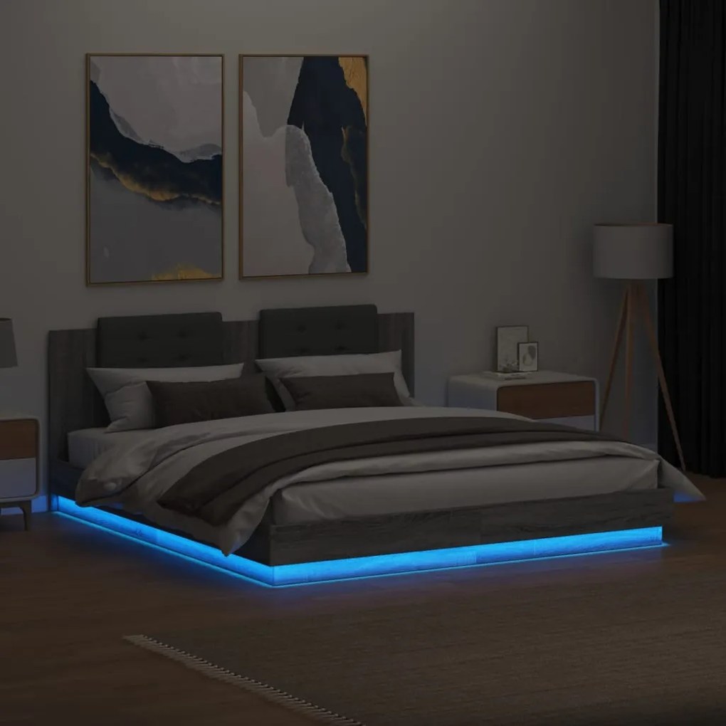 Estrutura de cama c/ cabeceira/luzes LED 200x200cm cinza sonoma
