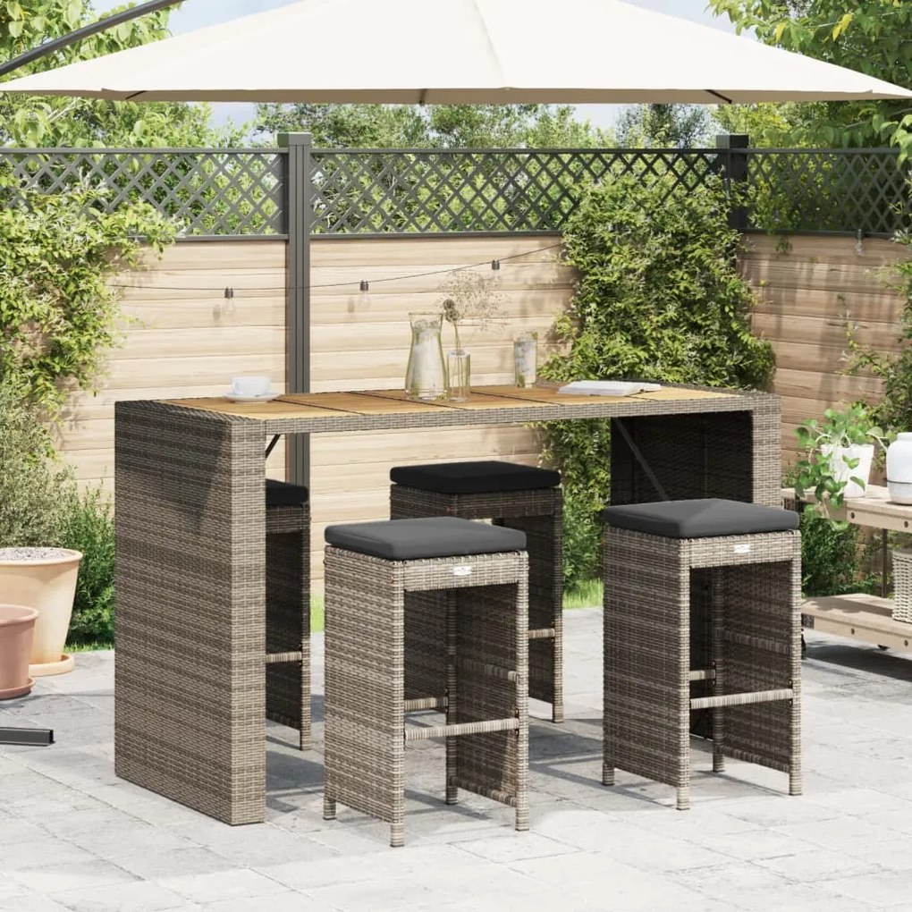 Bancos de bar p/ jardim com almofadões 4 pcs vime PE cinzento