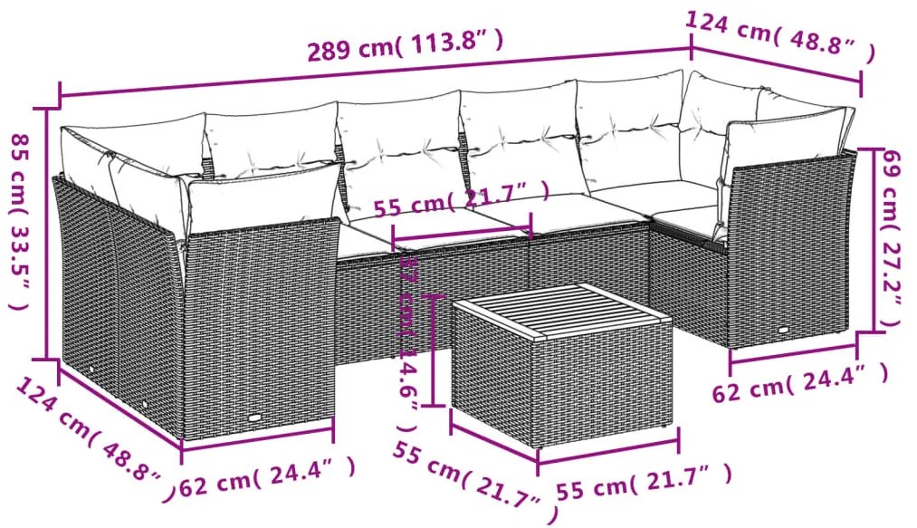 8 pcs conjunto sofás de jardim com almofadões vime PE preto