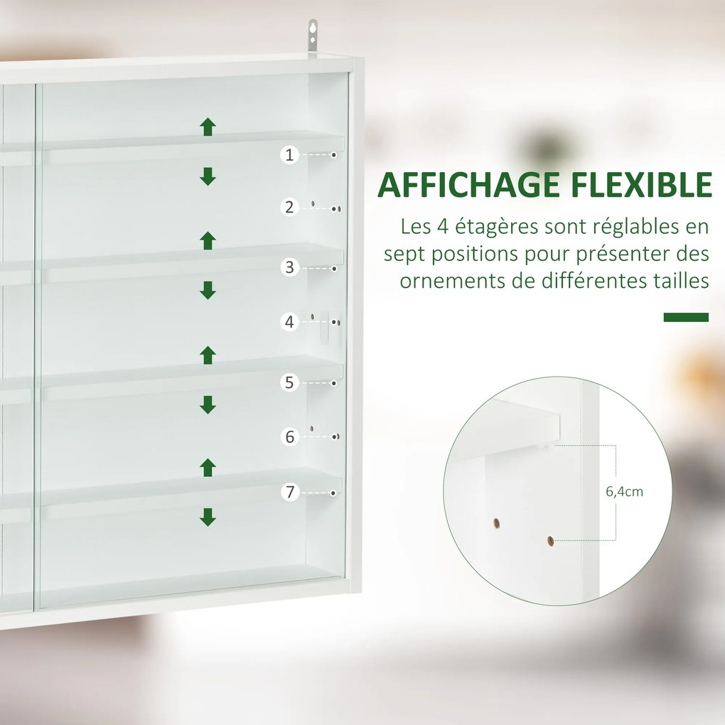 Vitrine de parede para objetos de coleção 80 x 9,5 x 60 cm,, com 4 prateleiras ajustáveis em altura e 2 portas de correr, branca
