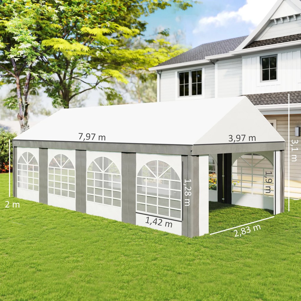 Tenda para Festa 4x8 m Tenda de Jardim com Paredes Removíveis Portas e Janelas Anti-UV para Casamento e Eventos Cinzento