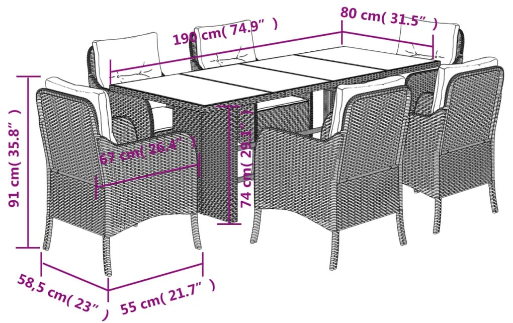 7 pcs conj. jantar p/ jardim c/ almofadões vime PE cinza-claro