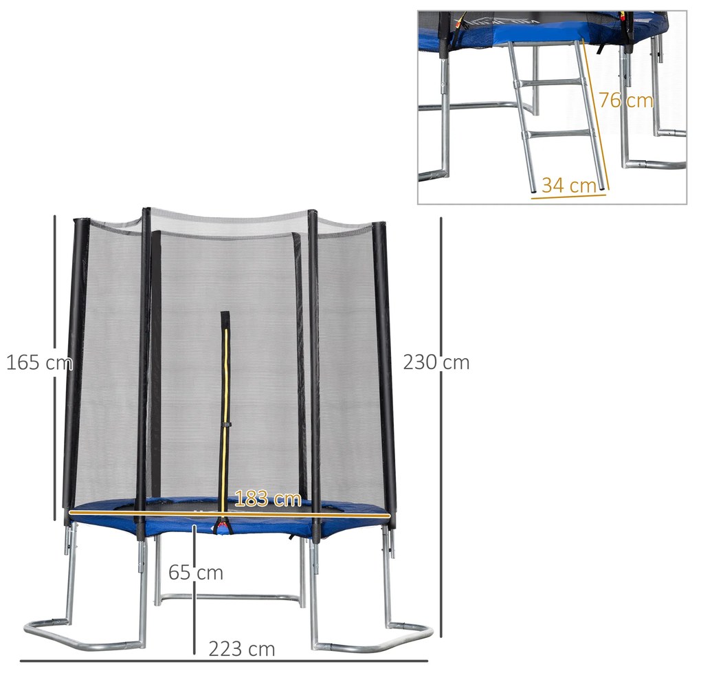 HOMCOM Trampolim de Jardim Ø223cm Trampolim para Crianças Adultos com Superfície de Salto Ø137cm Rede de Segurança Cobertura de Bordas e Escada para Exterior Azul