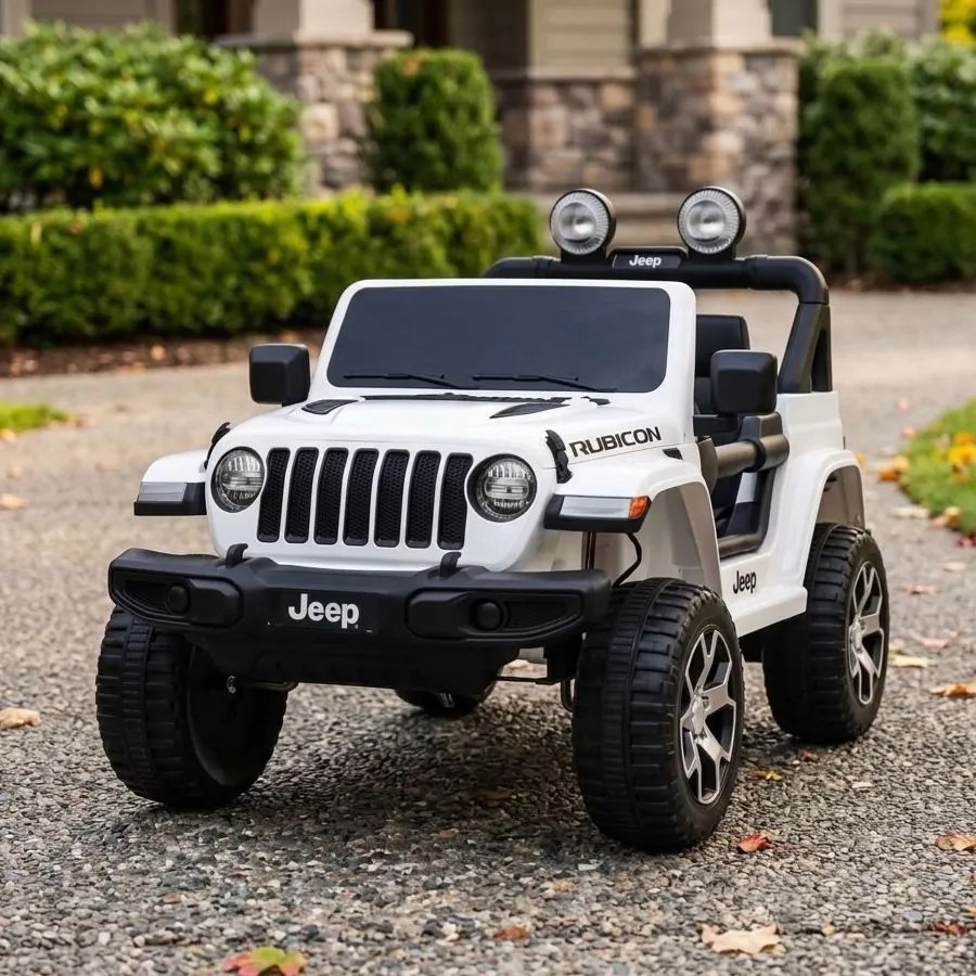 Carro elétrico para crianças até 5 anos Jeep Wrangler Rubicon, 12V, pneus EVA, com bateria de lítio, controlo remoto Branco