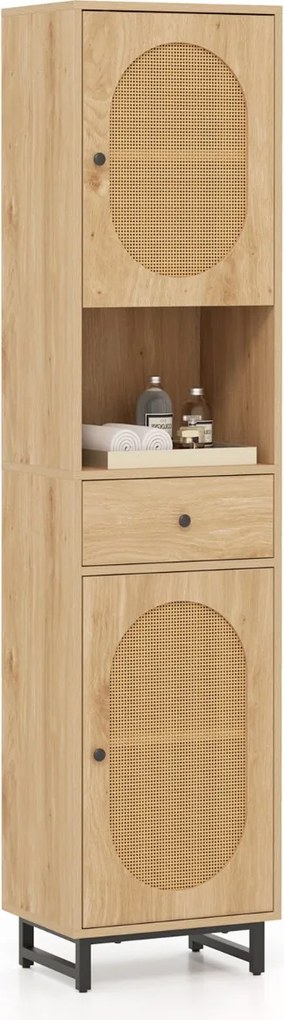 Armário estreito 170 cm de altura de rattan com portas, estantes e gavetas para sala de estar e jantar Natural