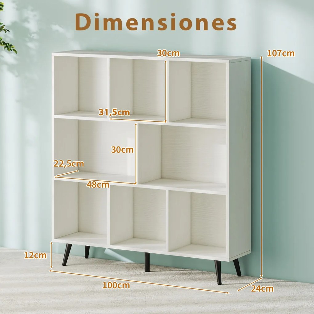 Estante de 3 níveis com 8 cubos, 4 pés de metal e dispositivo anti-capotamento para sala de estar ou escritório 100 x 24 x 107 cm branco