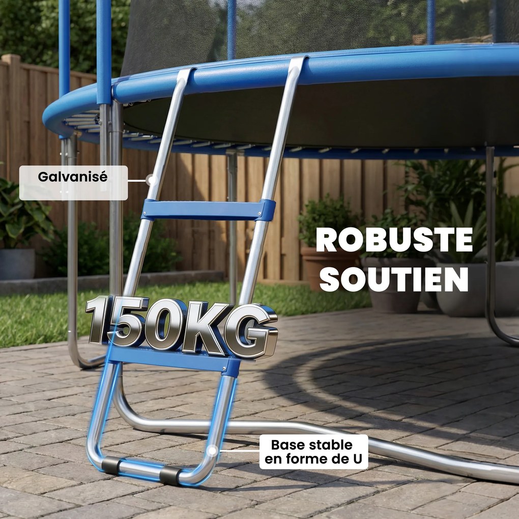 Escada para trampolim com 2 degraus largos e gancho universal, estrutura em aço galvanizado, capacidade de carga de 150 kg, 97 x 32 x 7 cm, azul
