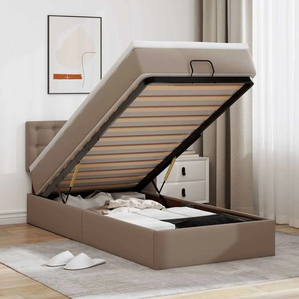 vidaXL Estrutura de cama otomana com colchão cappuccino couro falso