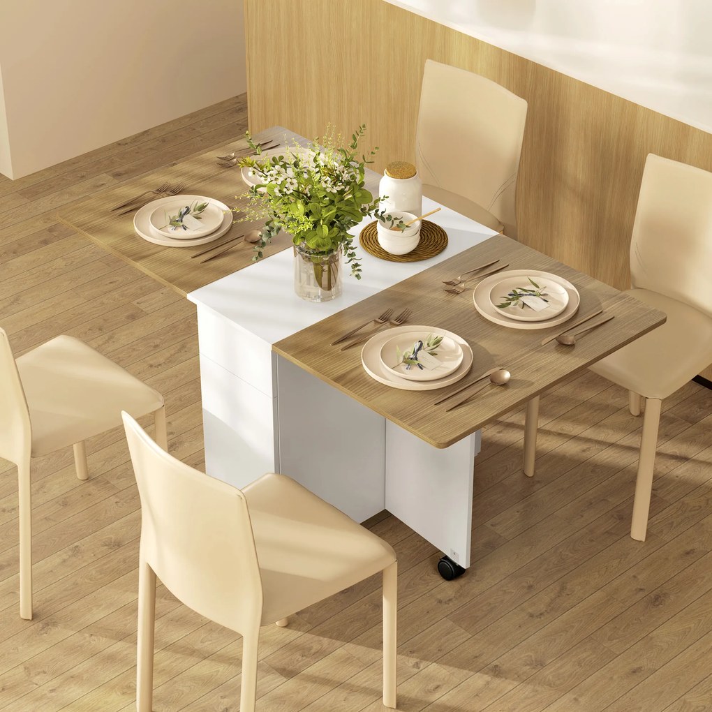 Mesa de jantar dobrável para 6 pessoas 140 x 76 x 74 cm (CADEIRAS NÃO INCLUIDAS), mesa de cozinha com Rodas, 2 gavetas e 2 armários, branca e castanha