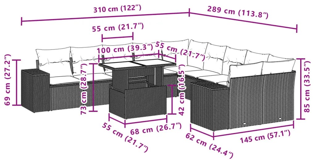 11 pcs conjunto sofás de jardim c/ almofadões vime PE cinzento