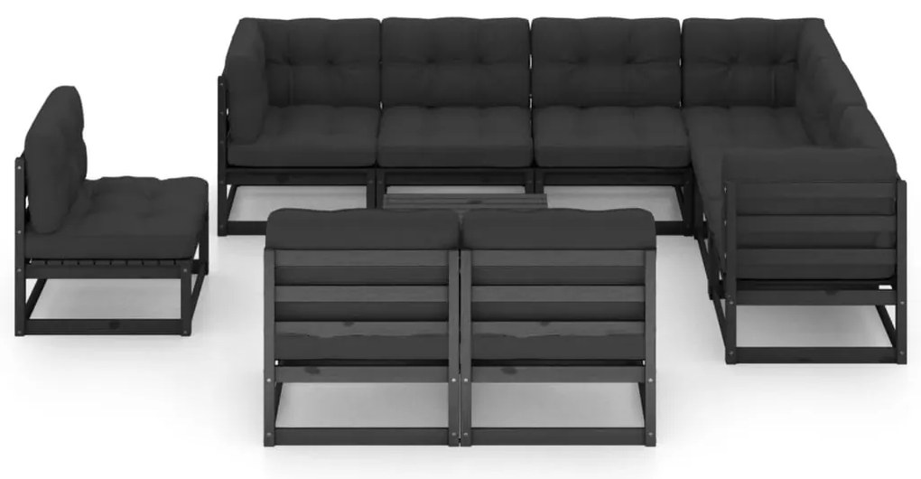 10 pcs conjunto longue jardim c/ almofadões pinho maciço preto