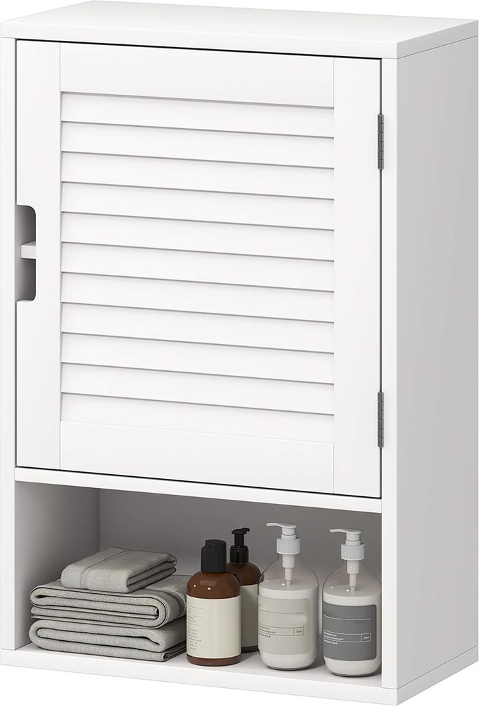 Armário de parede para casa de banho 40x20x60 cm com porta de ripas, prateleira ajustável e compartimento aberto, branco