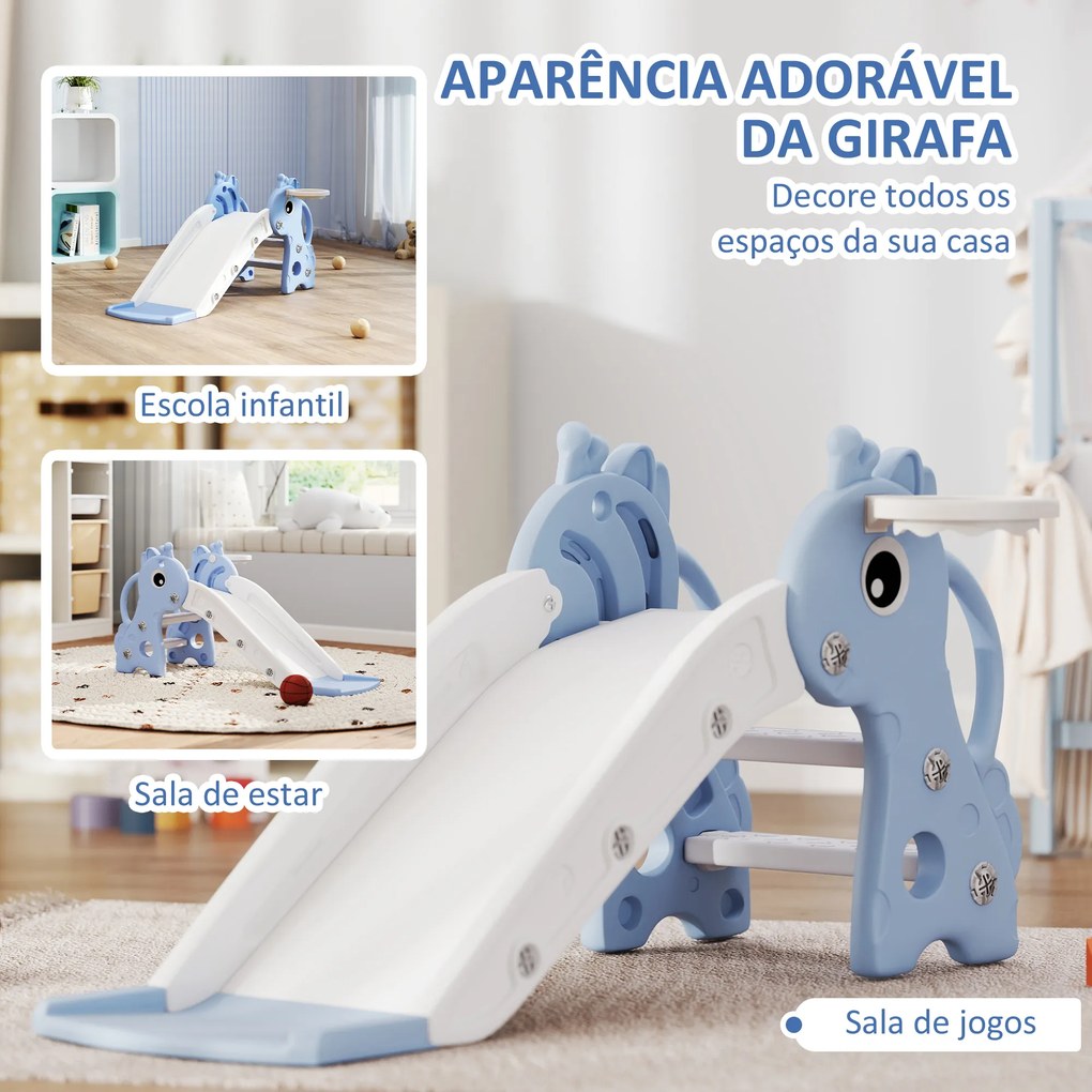 Escorrega para Crianças 3 em 1 com Escada Tabela de Basquetebol e Desenho de Girafa 106x51,5x52 cm Azul Claro