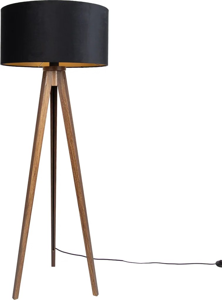 Candeeiro de pé madeira de nogueira com abajur preto com interior dourado 50cm - Tripod Classic