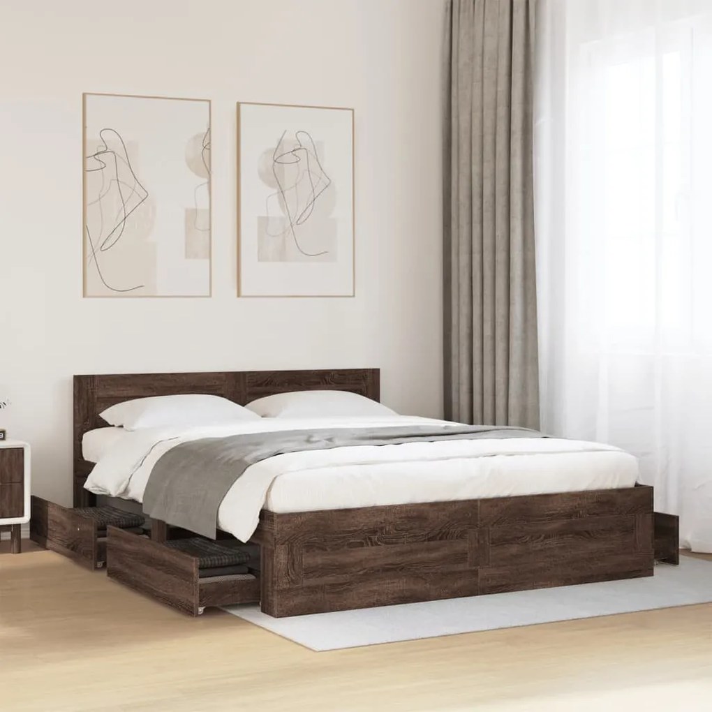 vidaXL Estrutura cama c/ cabeceira derivados madeira carvalho castanho