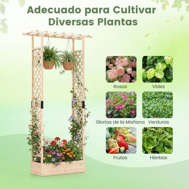 Floreira de jardim 110 x 35 x 227 cm elevada em madeira com treliça, teto suspenso, orifícios de drenagem, abeto, para plantas trepadeiras, natural