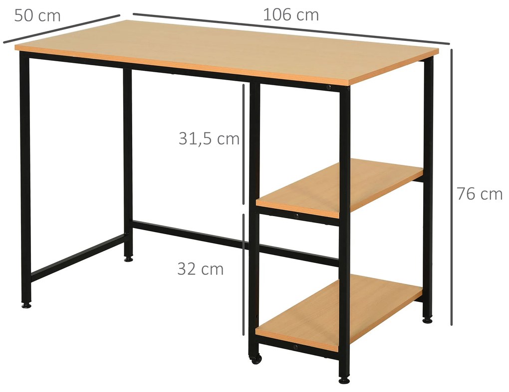 Mesa para Computador com 2 Prateleiras Pés Ajustáveis ​​106x50x76 cm Cor Madeira