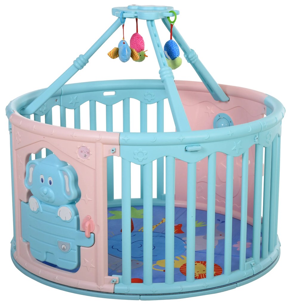 HOMCOM Parque infantil redondo Parque infantil de segurança para bebês Berço com Tapete Brinquedos divertidos Trava Dupla Altura 65,5 cm rosa e azul