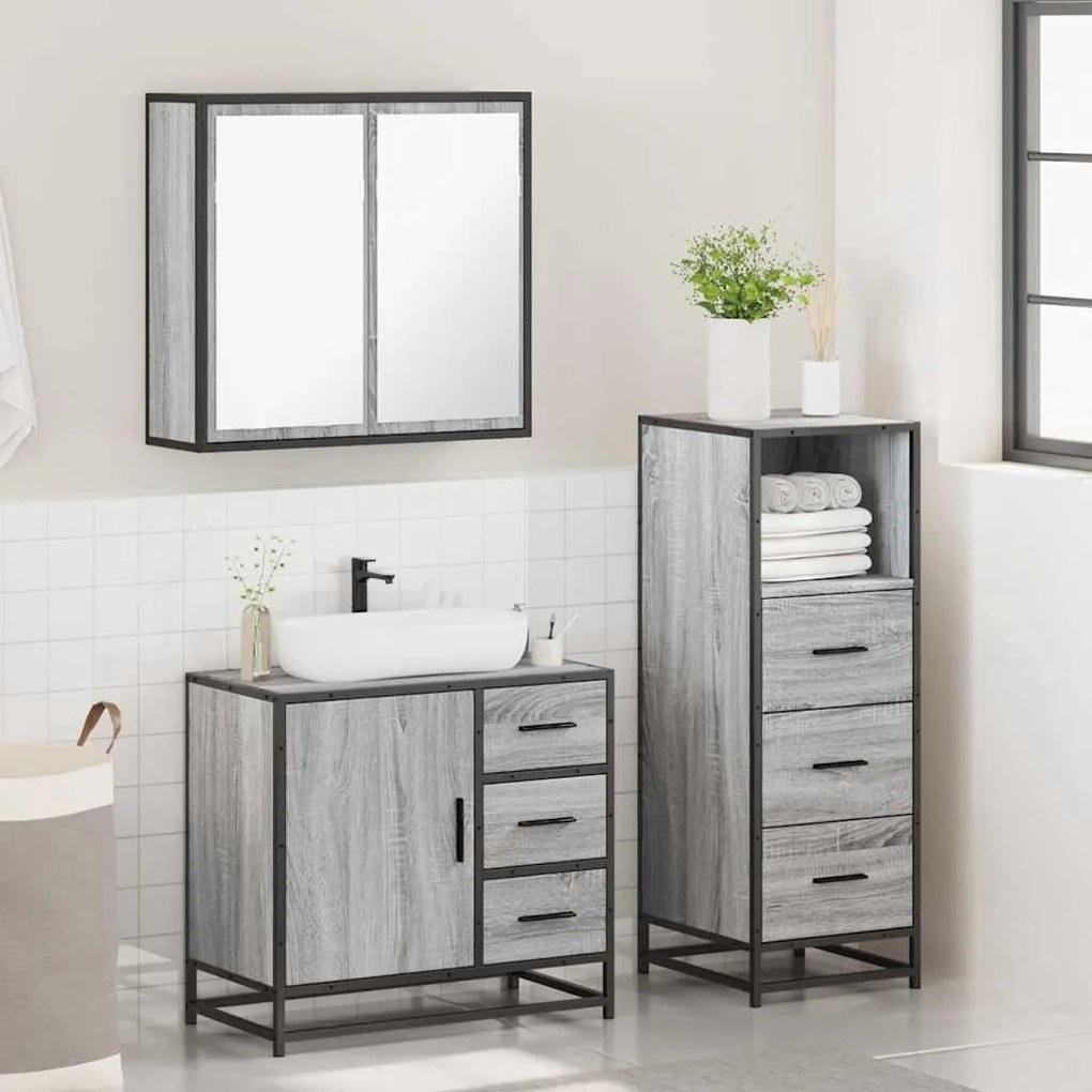 3 pcs Conjunto móveis casa de banho madeira proc. cinza sonoma