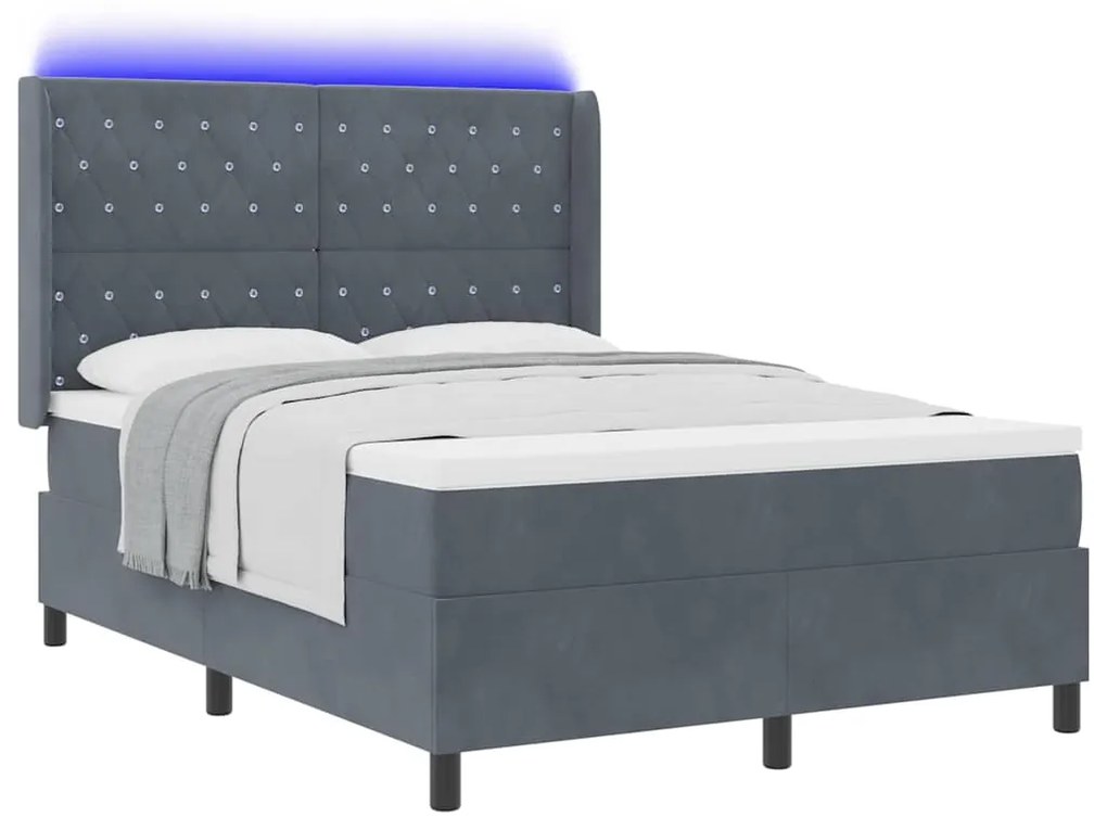 Cama Box Spring vidaXL com Colchão e LED Cinza Escuro 140x200 cm Velud
