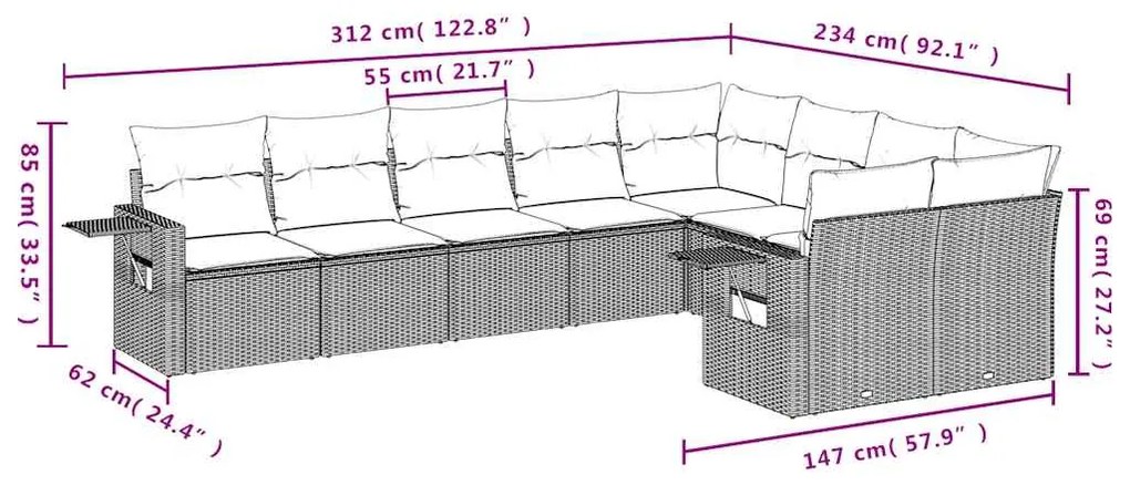 9 pcs conj. sofás jardim com almofadões vime PE cinzento-claro