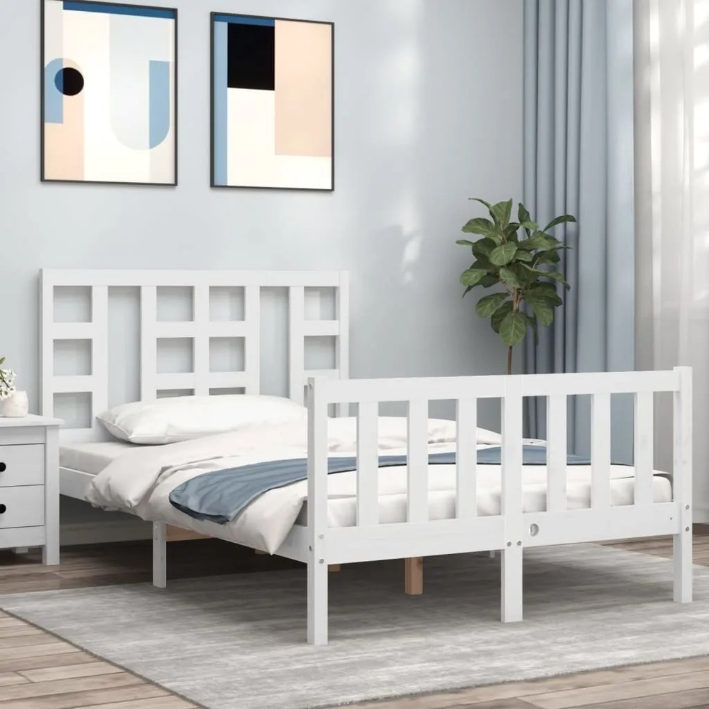 vidaXL Estrutura de cama de casal c/ cabeceira madeira maciça branco