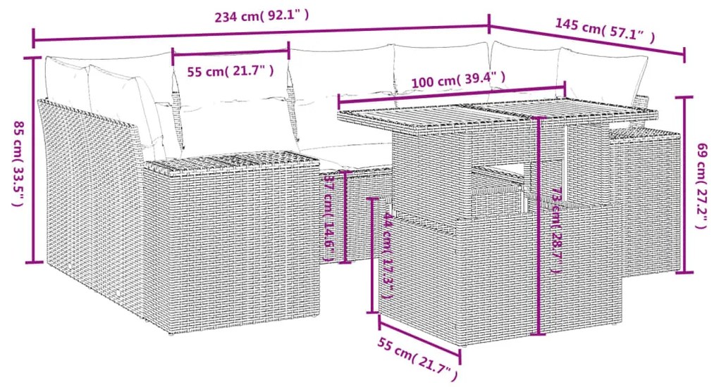 7 pcs conjunto de sofás p/ jardim c/ almofadões vime PE preto