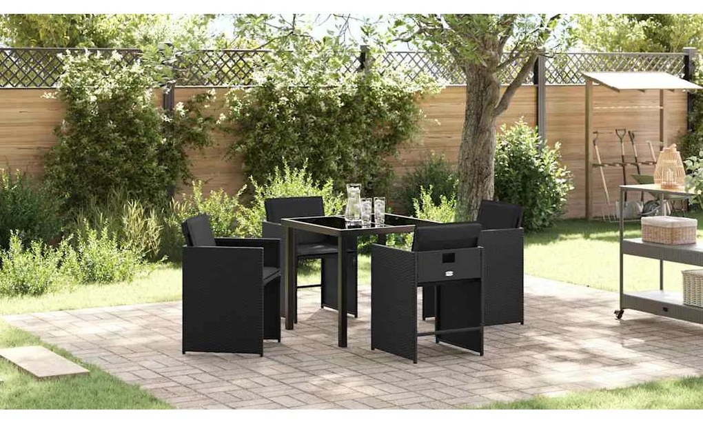 vidaXL Conjunto de Jantar para Jardim com almofada 5 pcs Preto vime PE