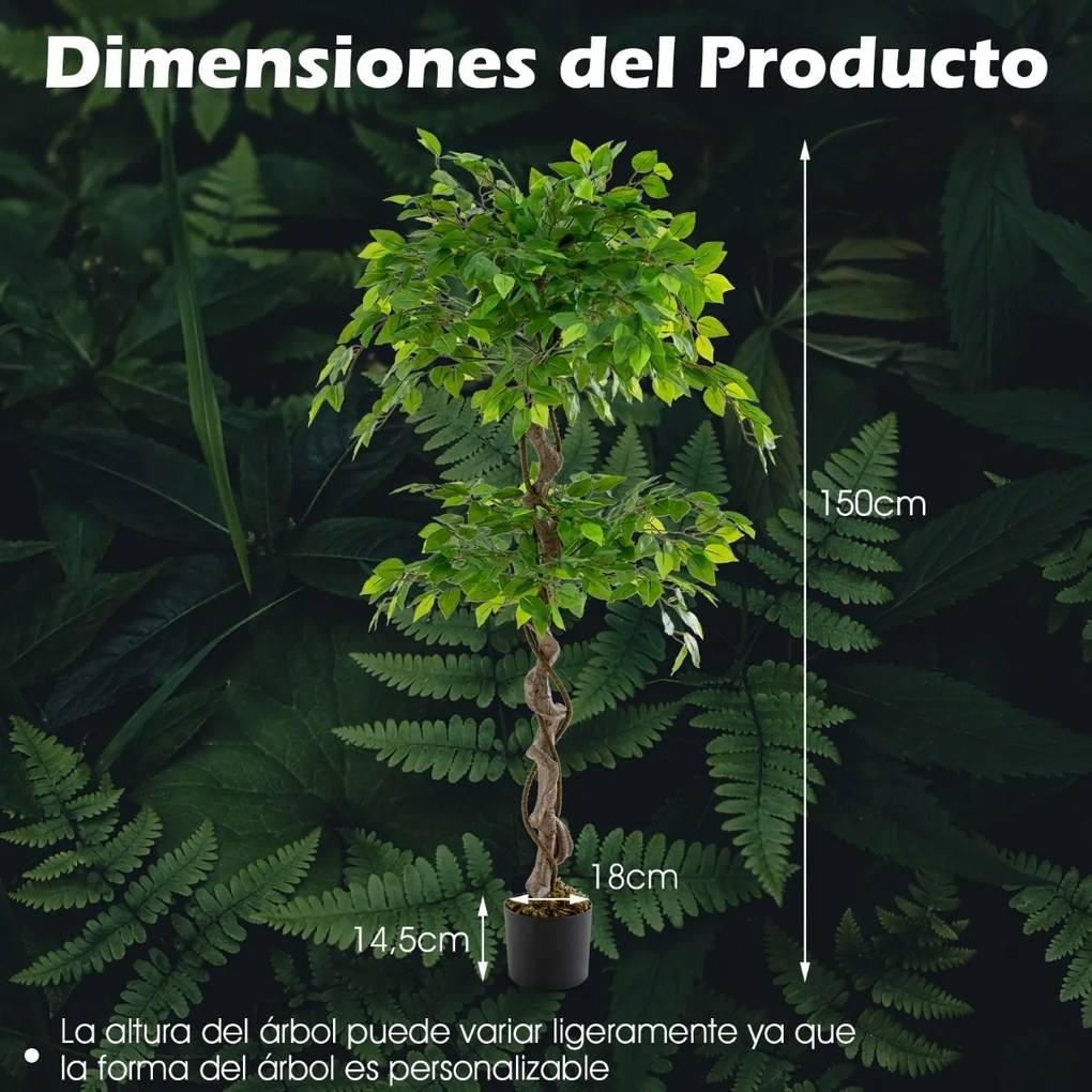 Planta artificial de 150 cm com vaso 882 folhas Tronco realista Vaso realista Interior Exterior Verde