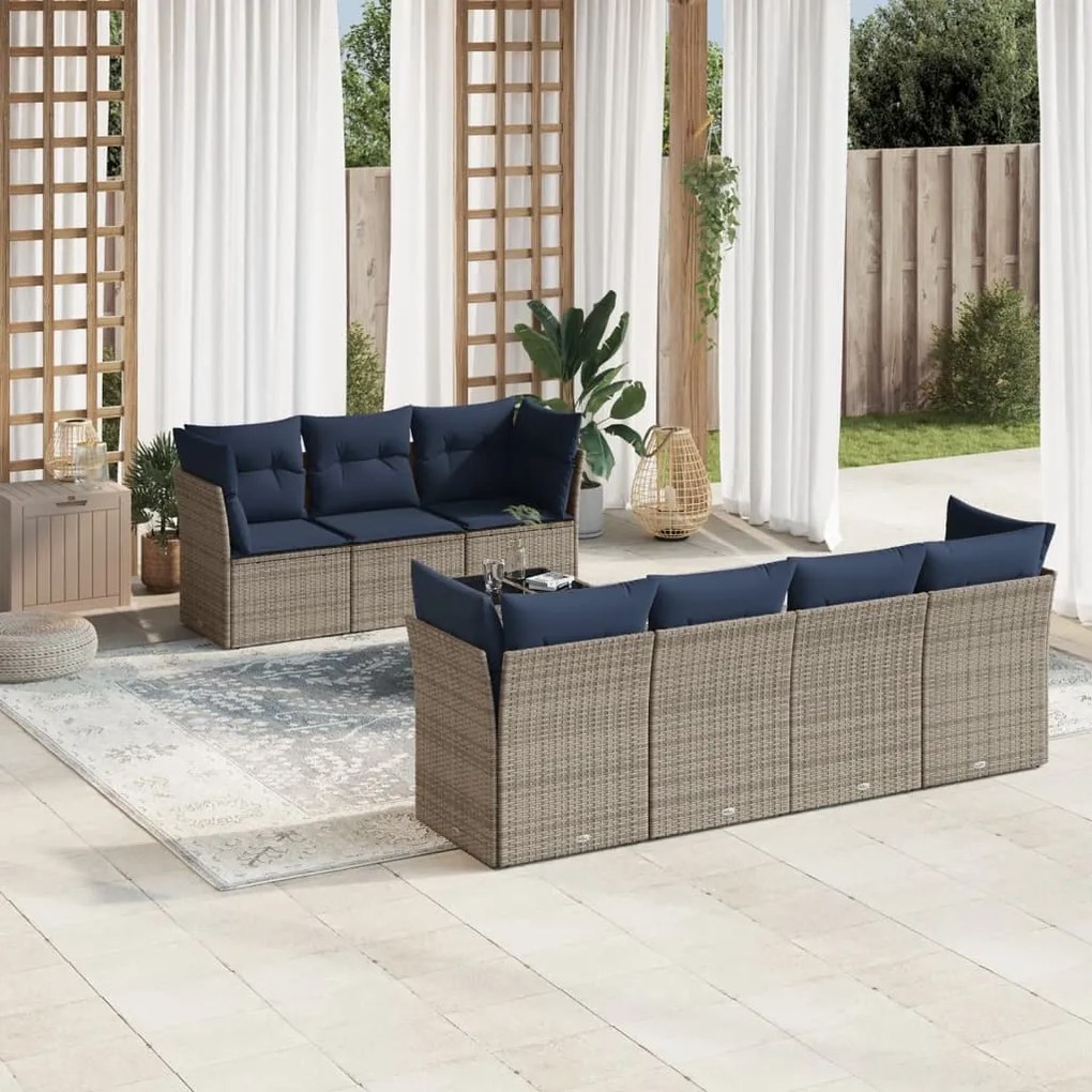 vidaXL 8 pcs conjunto sofás p/ jardim c/ almofadões vime PE cinzento