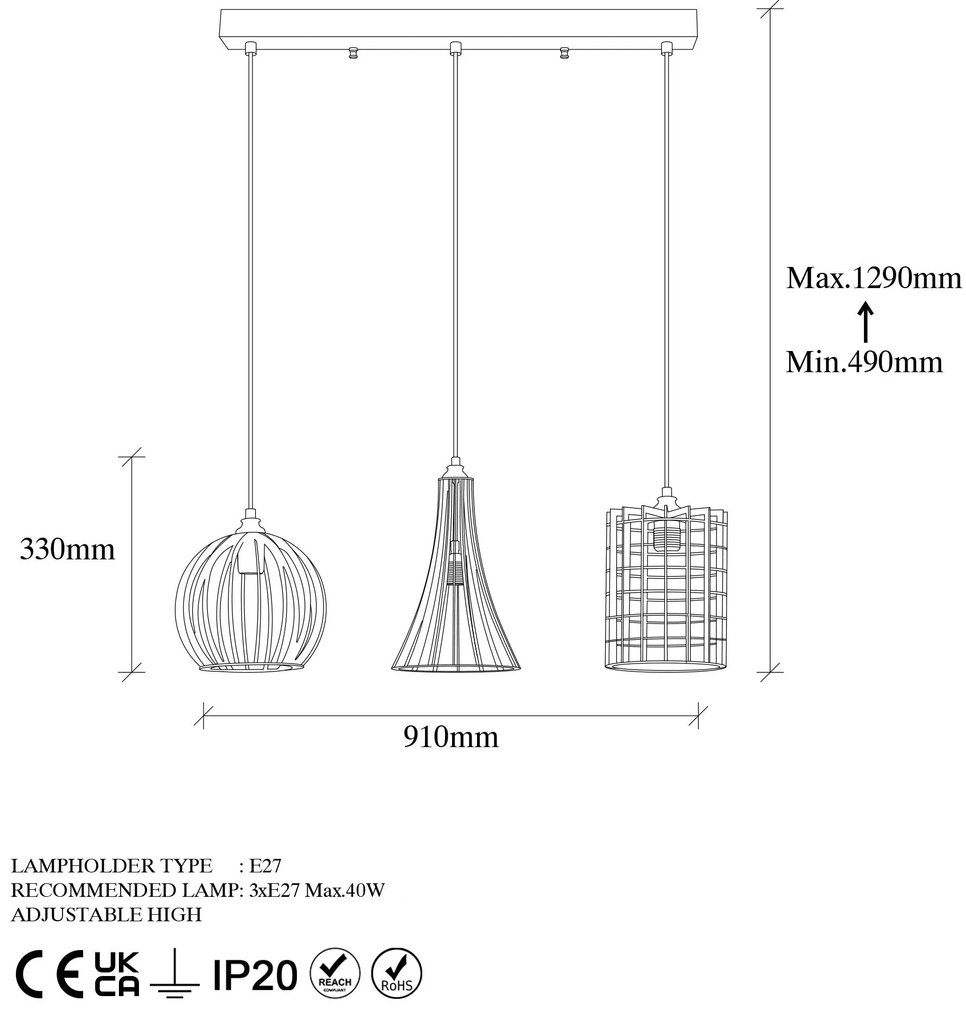 Chandelier Teltrio – Preto Antique – 91 x 25 x 49-129 cm