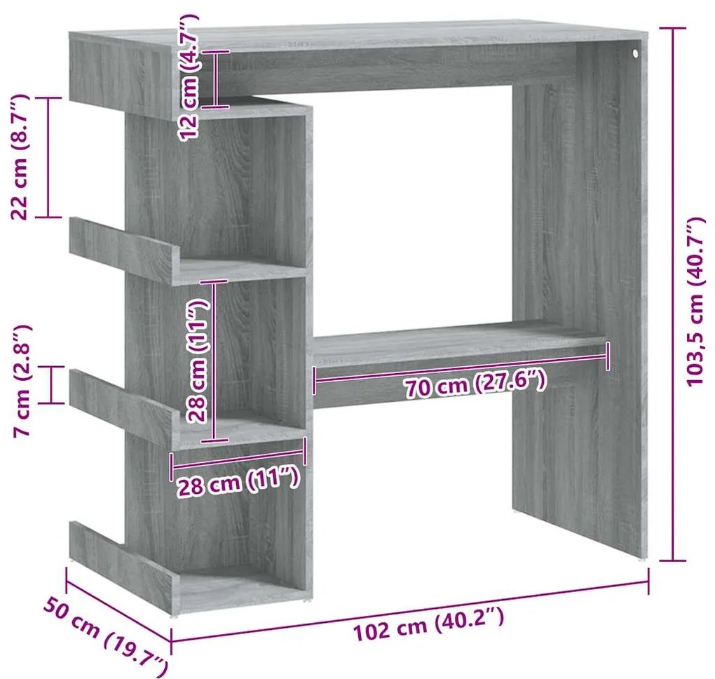 Mesa de bar c/ prateleiras 100x50x101,5cm carvalho sonoma cinza