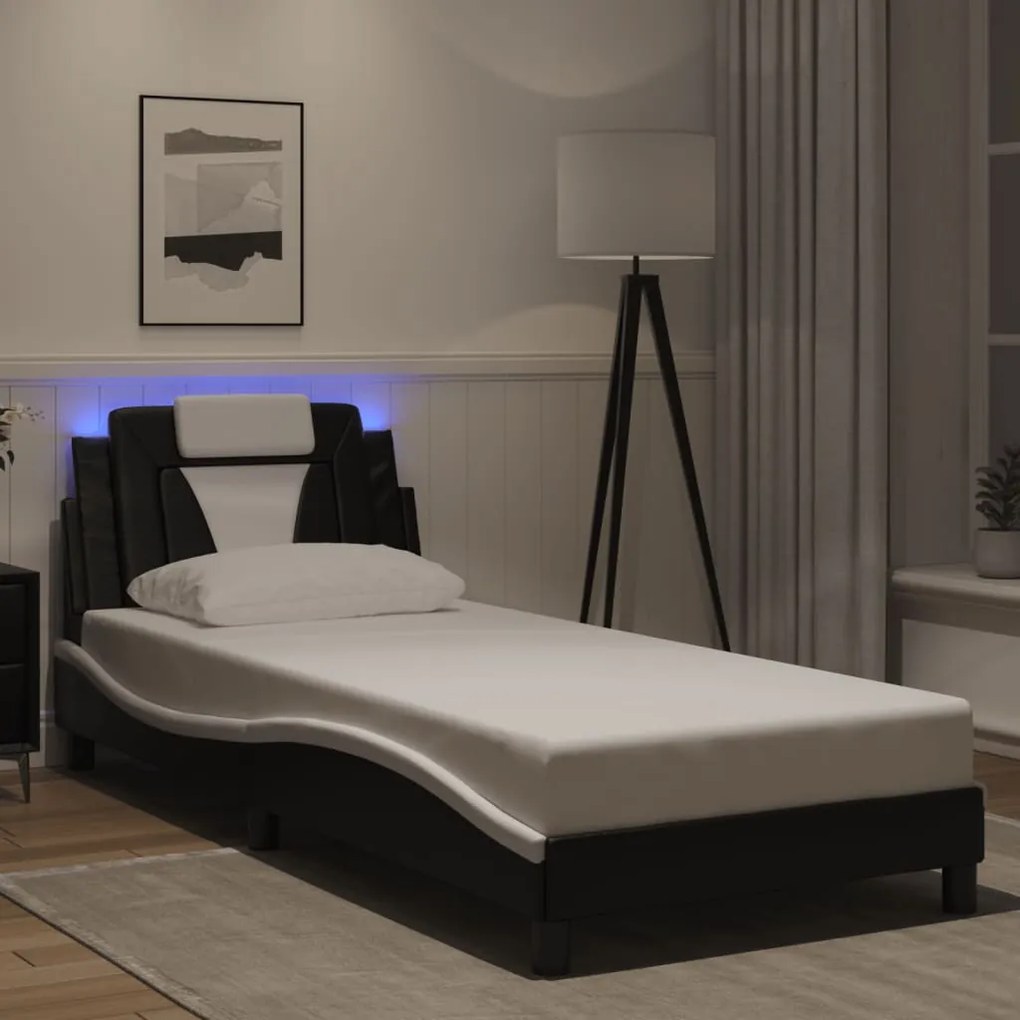 Estrutura cama c/ luzes LED 90x200 cm couro artif. preto/branco