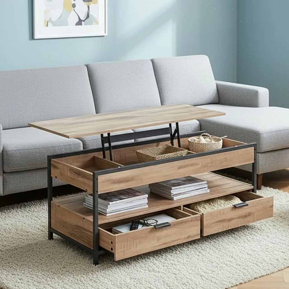 Mesa de centro com altura ajustável 50 x 120 x (48-63) cm com gavetas Castanho camelo-Preto