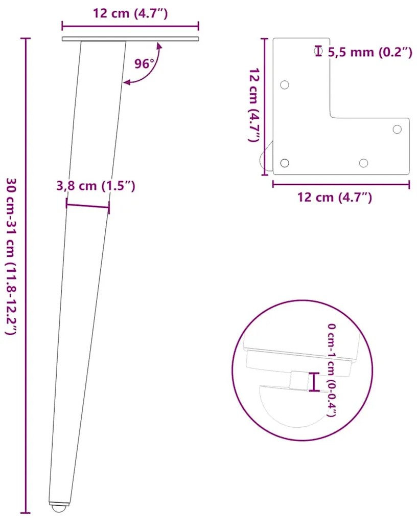 Pés para mesa de centro cônicos 4 peças aço natural 30-31 cm aço