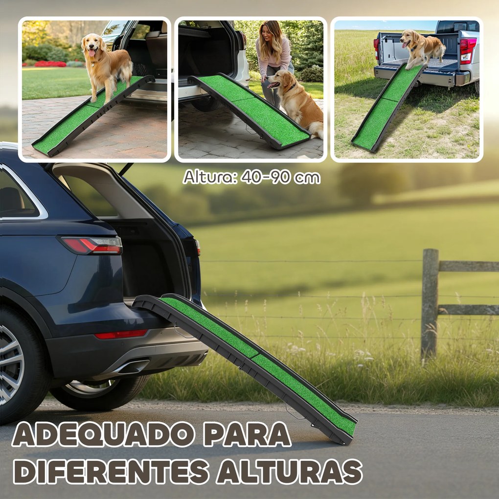 Rampa para Cães com Relva Artificial 155 cm Dobrável com Pega Ângulo Ajustável Verde