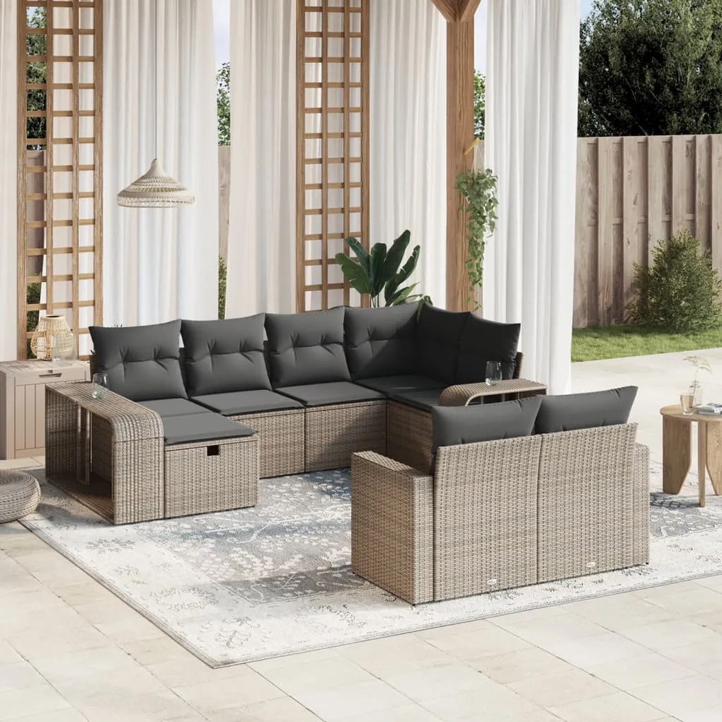 10 pcs conjunto sofás de jardim c/ almofadões vime PE cinzento